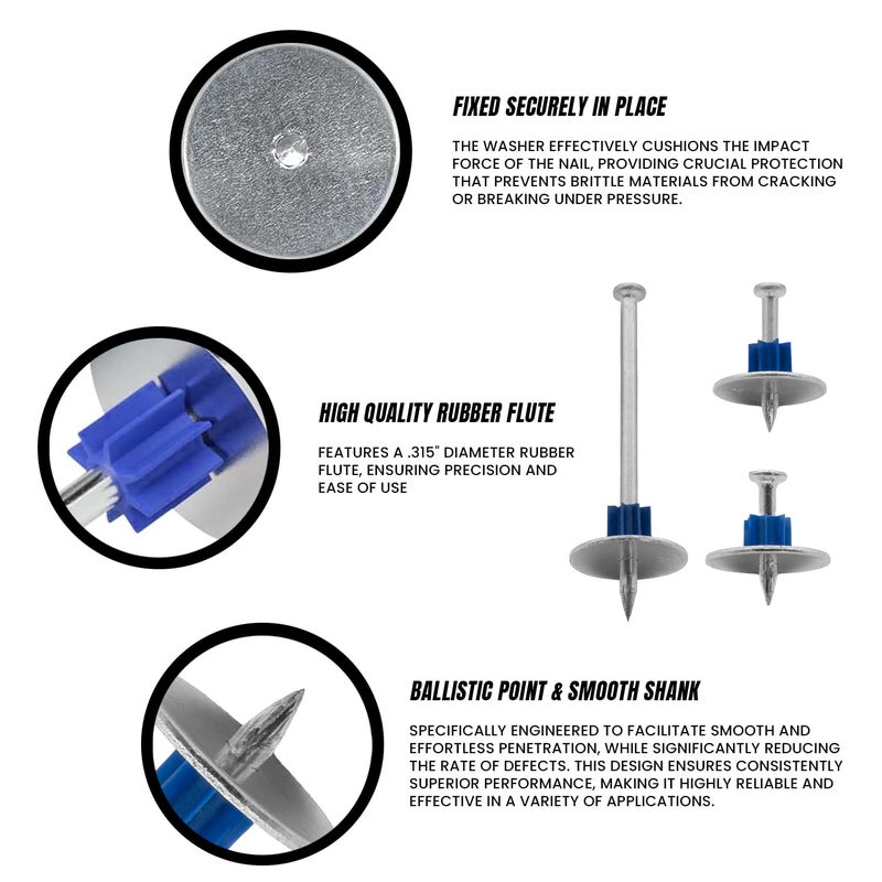 Bluepoint Powder Actuated Fasteners 2” .300 Head, .145 Dia. Shank Contractor Pin w/ 1" Washer & Rubber Flute –High-Precision Fastening Solution 100pcs (2) - Image 3